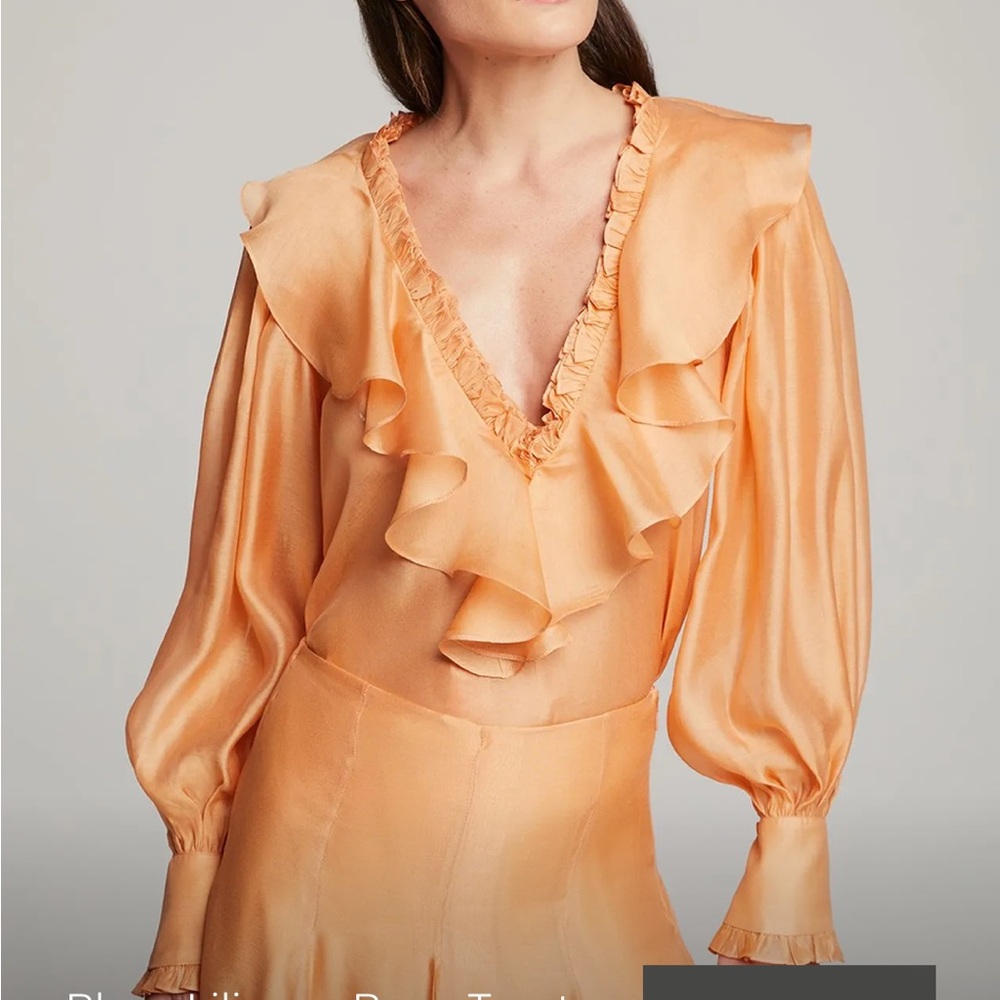 Peach Satin Ruffle V-Neck Blouse